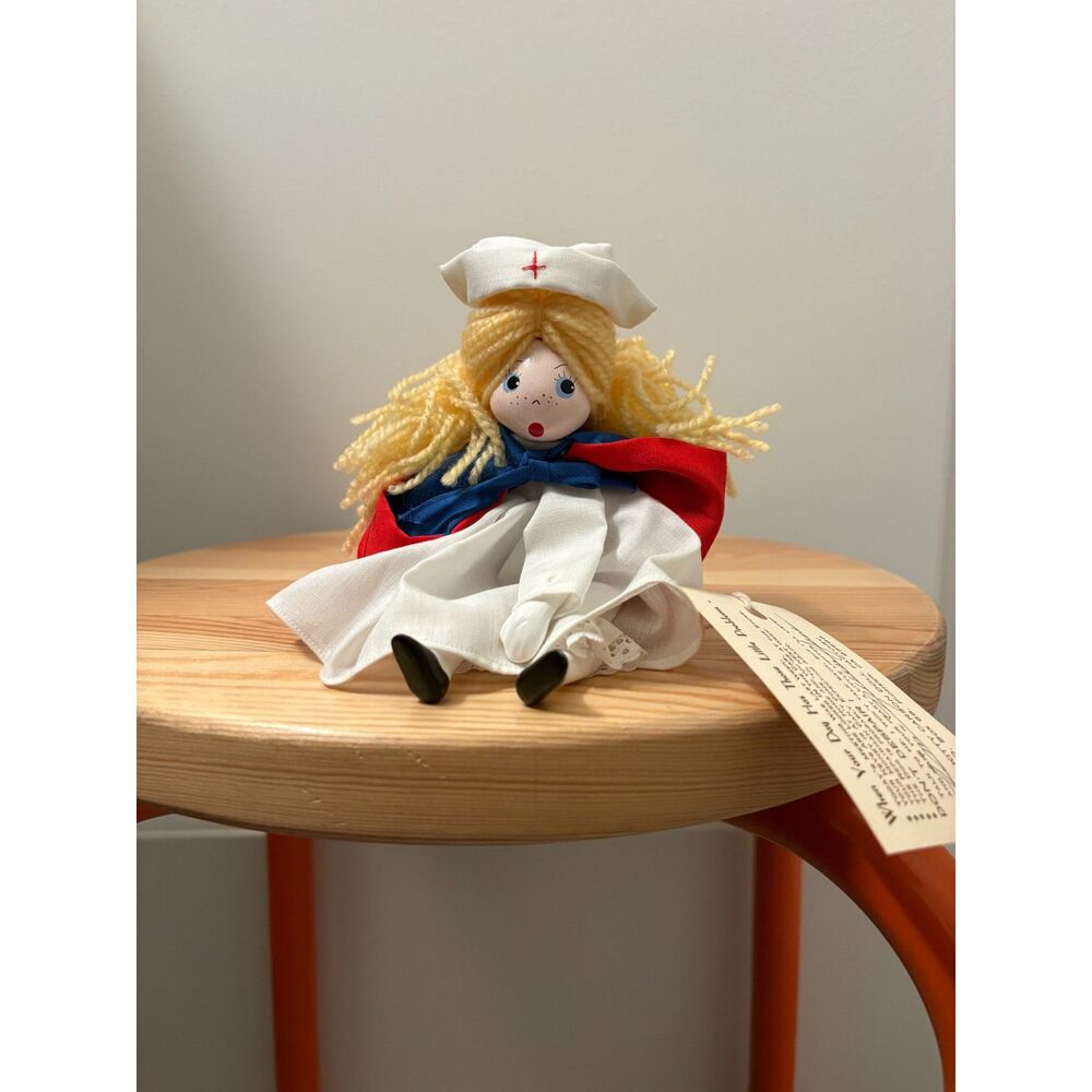 Vintage Kitty Carson Doll Factory “Nurse Jane” Yarn & Wood Comfort Doll with Tag